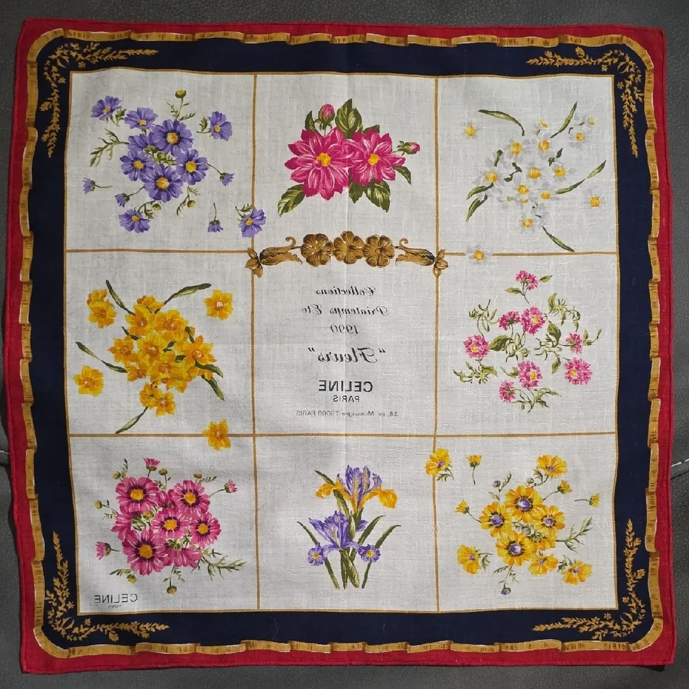 Vintage Celine Floral Silk Scarf with Navy and Red Border